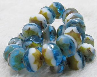 Czech Glass Beads 8 x 6mm Designer Molten Blue, White Clear & Brass Faceted Rondelles - 12 Pieces