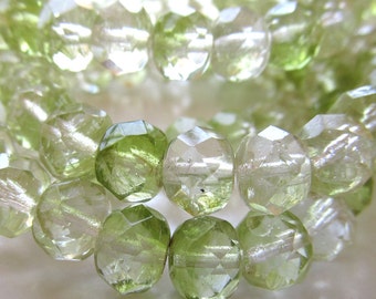 Czech Glass Beads 9 x 6mm Designer Two Tone Lime Green Faceted Rondelles - 8 Pieces