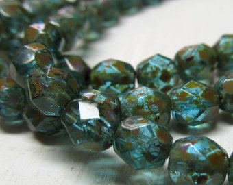 Czech Glass Beads 6mm Semi Translucent Turquoise Blue w/ Golden Highlights Faceted Rounds - 30 Pieces
