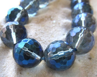 Quartz Beads 12mm Micro Faceted Clear Blue Mystic Crystal Quartz Rounds - 8 inch Strand