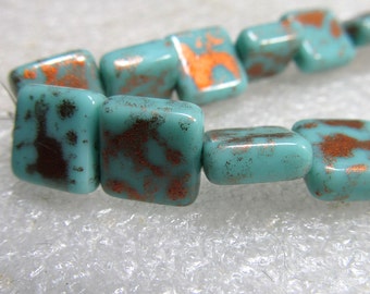 10mm Designer Czech Glass Golden Accented Turquoise Blue Chicklet Bead - 10 Pcs.