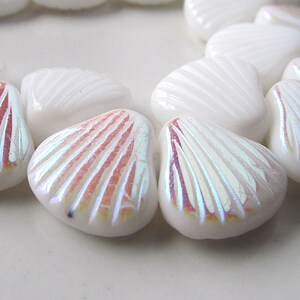 Czech Glass Beads 16mm Rainbow & Alabaster White Carved Sea Shells 4 Pieces image 2