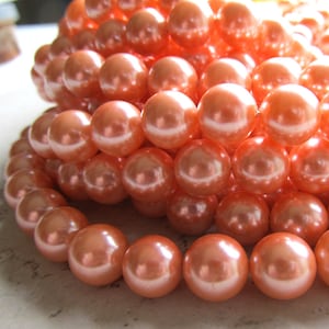 Shell Pearl Beads 10mm Lustrous Nectarine Orange Smooth Rounds  - 8 inch Strand