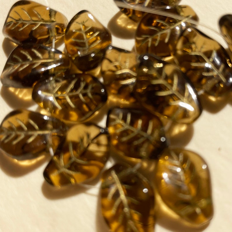 Czech Glass Beads 14 x 9mm Shiny Semi Translucent Cocoa Brown Etched Bronze Gold Leaves Last 15 Pieces image 2