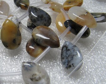 Agate Beads 15 x 10mm Natural Smooth Dendritic Moss Agate Smooth Teardrops - 10 Pieces