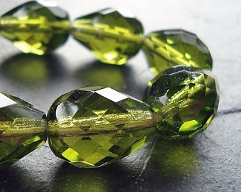 Czech Glass Beads 16 x 12mm Olive Green Faceted Teardrops - 4 Pieces