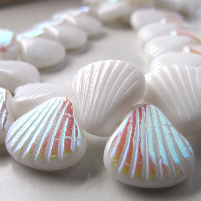 Czech Glass Beads 16mm Rainbow & Alabaster White Carved Sea Shells 4 Pieces image 3