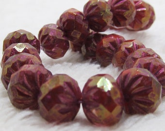 Designer Czech Glass Beads 9 X 6mm Star Etched Red/Pomegranate Golden Accents Rondelles - 12 Pieces