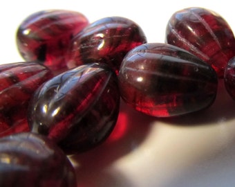 Czech Glass Beads 11 x 9mm Shiny Aubergine Purple Melon Teardrops - 10 Pieces