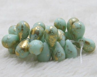 Czech Glass Beads 7 X 5mm Opaque Mint Green with Golden Highlights Teardrops - 50 Pieces