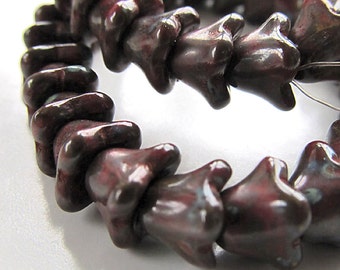 Czech Glass Beads 8 X 6 Opaque Shiny Molten Burgundy Red Bell Flowers - 10 Pieces