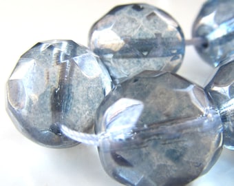 Czech Glass Beads 12mm Faceted Picasso Wedgewood Blue Rounds - 8 Pieces