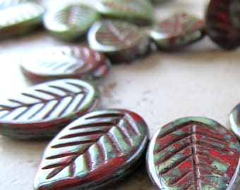 18 x 13mm Ivy Green & Mahogany Red Etched Czech Glass Leaves - 10 Pieces