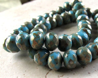 Czech Glass Beads 9 x 5mm Opaque Turquoise Blue w/ Golden Accents Faceted Rondelles - 12 Pieces