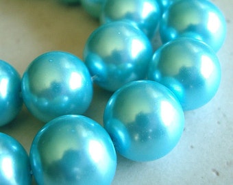 Glass Beads 14mm Shiny Opaque Aqua Blue Pearl Smooth Rounds - 6 Pieces