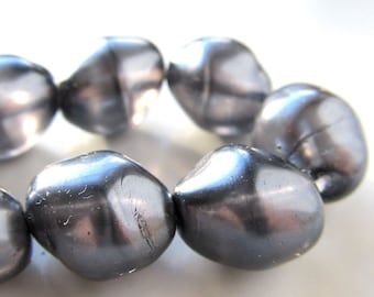 Czech Glass Beads 13 x 11mm Translucent Dusk Gray Pearl Nuggets - 8 Pieces