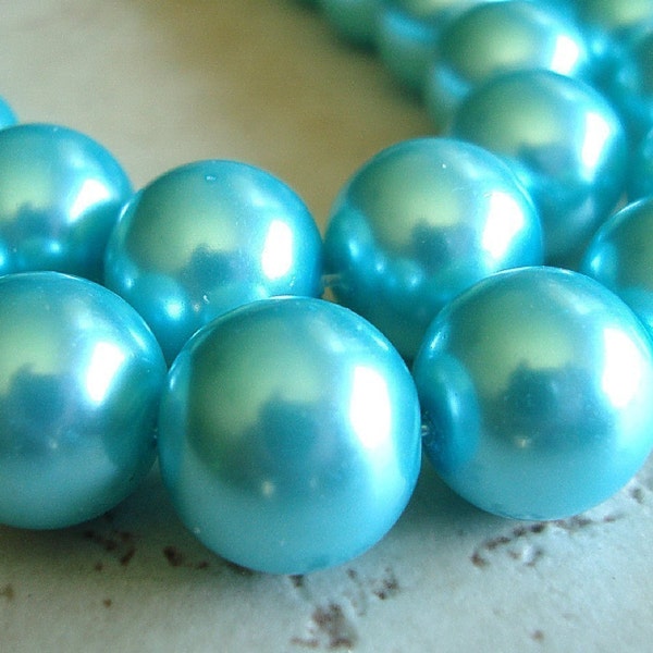 Glass Beads 12mm Shiny Opaque Aqua Blue Pearl Glass Smooth Rounds - 8 Pieces