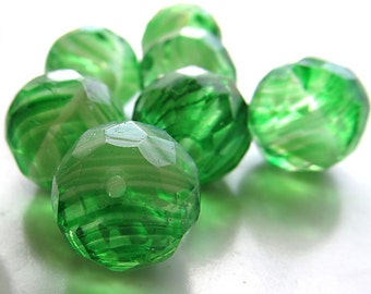 Czech Glass Beads 14mm Swirled Green & Lime Faceted Rounds - 8 Pieces