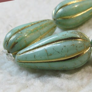 Designer Glass Beads 22 x 11mm  Mint Green with Golden Highlights Melon Drops - 4 Pieces
