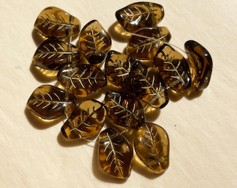 Czech Glass Beads 14 x 9mm Shiny Semi Translucent Cocoa Brown Etched Bronze Gold Leaves  - Last 15 Pieces