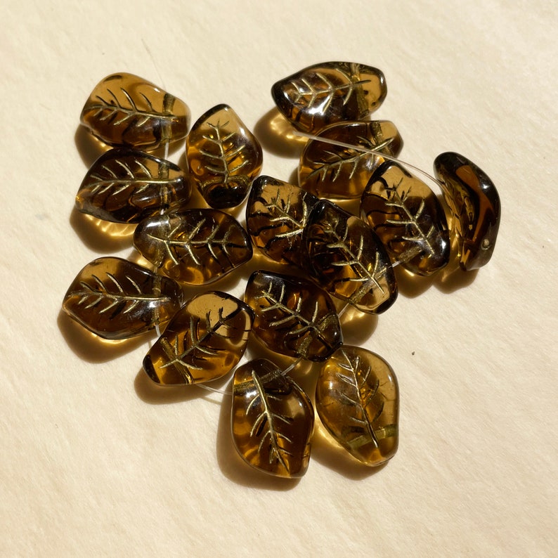 Czech Glass Beads 14 x 9mm Shiny Semi Translucent Cocoa Brown Etched Bronze Gold Leaves Last 15 Pieces image 1