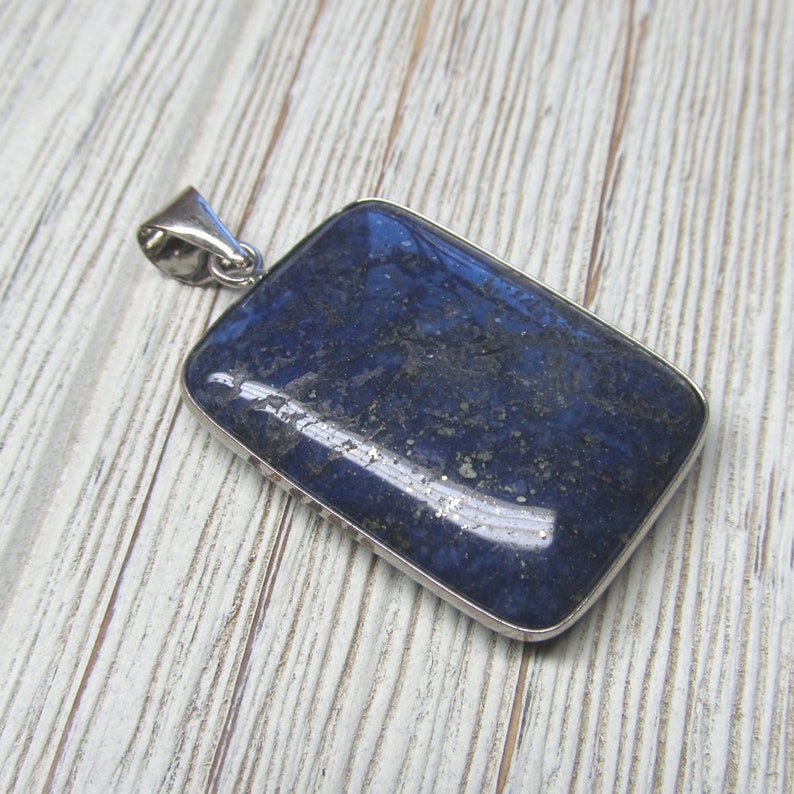 Lapis Lazuli Blue Stone With Gold Flecks Rectangle Pendent 35 X 26mm Focal Bead With Metal Alloy Frame and Bail 1 Piece image 4