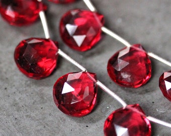 Ruby Red Quartz Faceted Heart Briolettes Large Valentine Cherry Red Quartz Teardrop Briolette Beads 14mm - 8 inch Strand