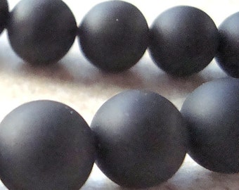 Onyx Beads 10mm Jet Black Smooth Frosted Matte Rounds - 8 Pieces