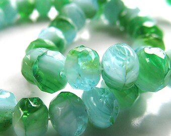 Czech Glass Beads 6 X 4mm Fresh Green w/ Mint Accents Faceted Rondelles - 25 Pieces