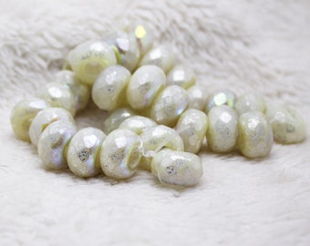 Czech Glass Beads 12 X 8mm Large Hole Oyster White Speckled with Gold and AB Highlights Faceted Rondelles -  8 Pieces