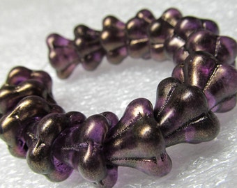 Czech Glass Beads 12 x 10mm Big 5 Petal Gold Etched Grape Purple Bell Flowers - 15 Pieces