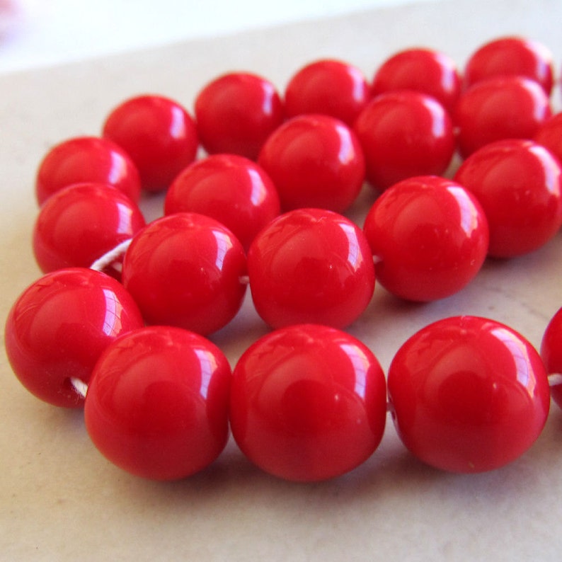 Czech Glass Beads 8mm Sparkling Smooth Opaque Scarlet Red Rounds 12 Pieces image 2