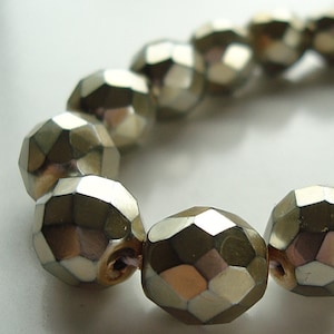 Czech Glass Beads 10mm Metallic Gold Faceted Rounds - 6 Pieces