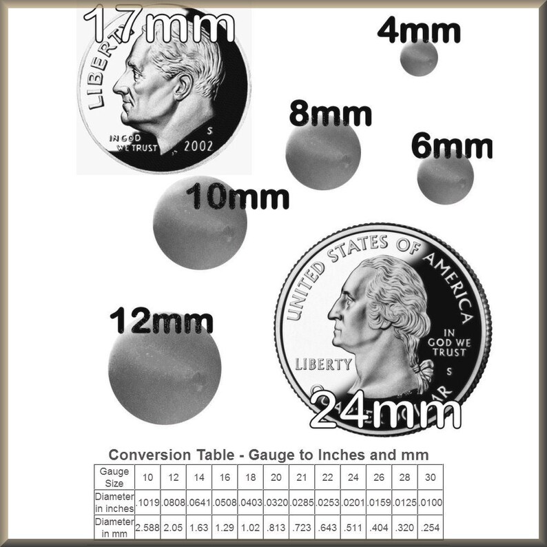 Puede incluir: Una tabla de conversi&oacute;n que muestra la relaci&oacute;n entre el tama&ntilde;o del calibre, el di&aacute;metro en pulgadas y el di&aacute;metro en mil&iacute;metros. La tabla incluye tama&ntilde;os de 10 a 30 calibres. La imagen tambi&eacute;n muestra una colecci&oacute;n de monedas de plata de diferentes tama&ntilde;os, con sus di&aacute;metros etiquetados en mil&iacute;metros.