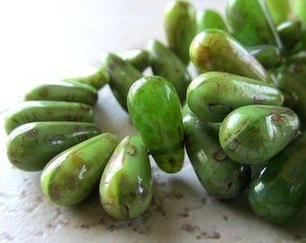 Czech Glass Beads 12 x 6mm Opaque Asparagus Green Mix Teardrops - 25 Pieces