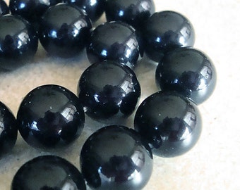 Shell Pearl Beads 12mm Lustrous True Black Shiny Smooth Rounds  - 6 Pieces