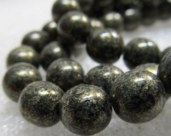 Czech Glass Beads 8mm Opaque Ivy Green with Golden Highlights Smooth Rounds - 25 Pieces