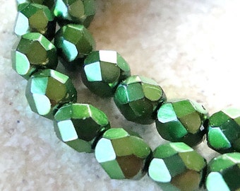 Czech Glass Beads 6mm Metallic Emerald Green Faceted Rounds - 10 Pieces