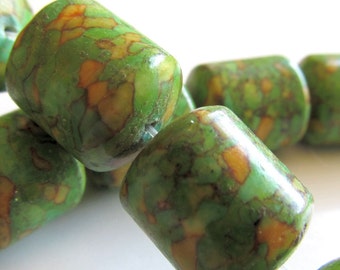 Fire Turquoise Beads 18 x 14mm Green Shiny Smooth Barrels -  2 Pieces