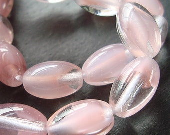 Czech Glass Beads 11 x 7mm Carnation Pink & Clear Two Tone Smooth Ovals - 12 Pieces