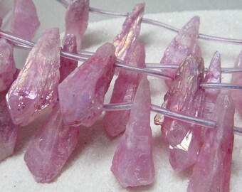 Natural Quartz Shards Hand Hammered Kite Teardrops Neon Pink Beads 30 X 10mm - 8 inch Strand