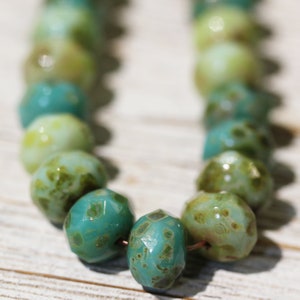 Czech Glass Beads 9 x 6mm Designer Multi Shades of Opaque Greens Dimpled With a Picasso Finish Faceted Rondelles 12 Pieces image 1