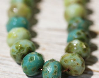 Czech Glass Beads 9 x 6mm Designer Multi Shades of Opaque Greens Dimpled With a Picasso Finish Faceted Rondelles - 12 Pieces