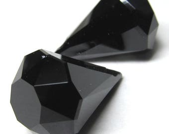 Crystal Glass Pendant 24 x 15mm Opaque Shiny Black Faceted Lead Safe Raindrops - 2 Piece