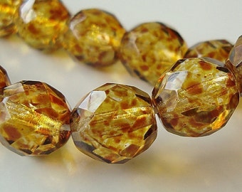 Czech Glass Beads 6mm Honey Tortoise Faceted Glass Rounds - 20 Pieces