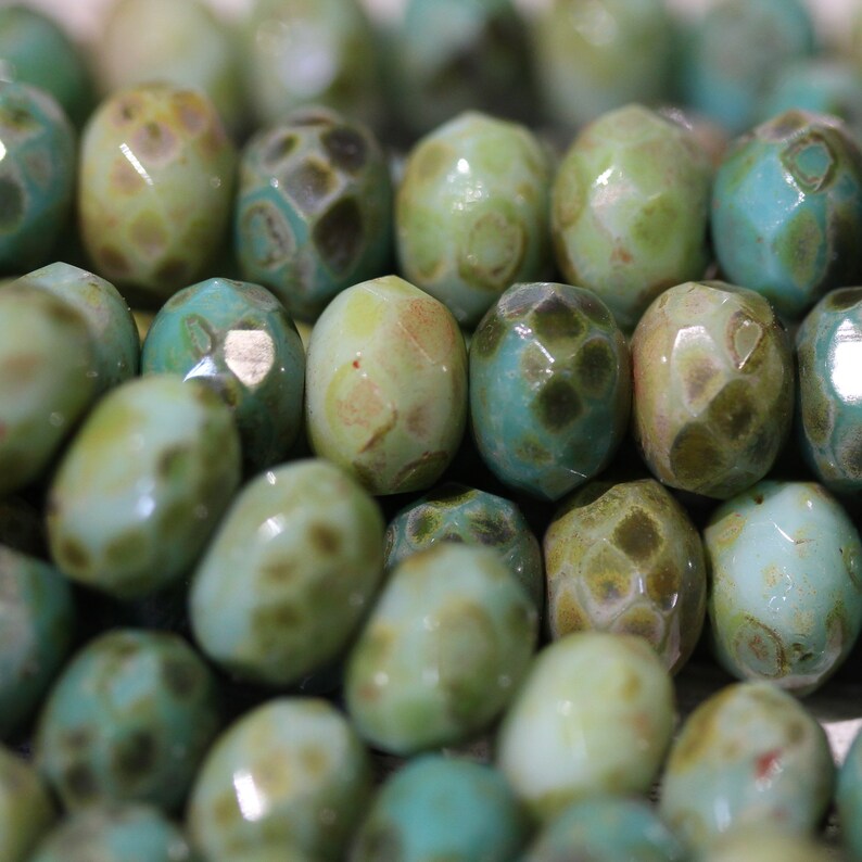 Czech Glass Beads 9 x 6mm Designer Multi Shades of Opaque Greens Dimpled With a Picasso Finish Faceted Rondelles 12 Pieces image 2