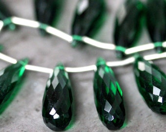 Emerald Green Quartz Teardrop Briolettes Faceted Long Pine Green Drop Quartz Teardrops Briolette Beads  30 X 8mm - 4 inch Strand