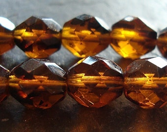 Czech Glass Beads 10mm Tortoise Brown Faceted Rounds - 12 Pieces