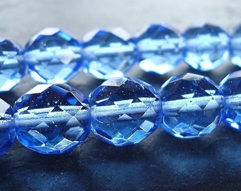 Czech Glass Beads 10mm Faceted Sky Blue Rounds - 16 Pieces