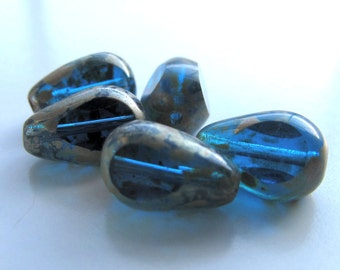 Czech Glass 11 x 7mm Tortise Capri Blue Windowed Tri Cut Teardrops - 8 Pieces